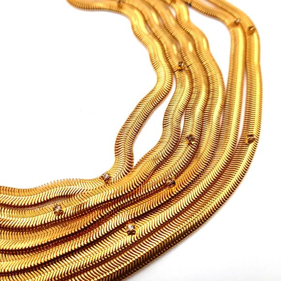 Snake Chain 6 Strand Necklace, Rhinestone Accents, Gold Tone, 17" - Picture 6 of 11